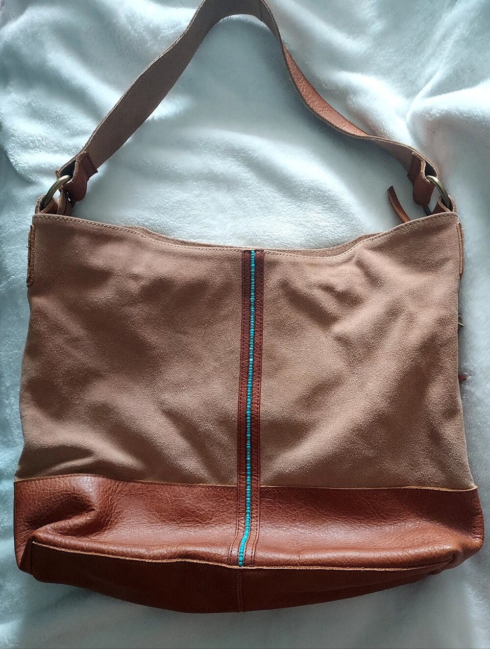 Two-Tone Brown Suede & Leather Shoulder Bag with Turquoise Accent